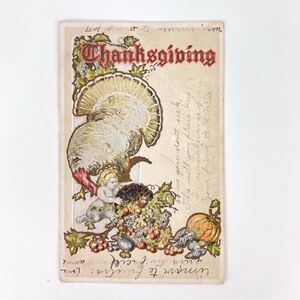Vintage 1900s THANKSGIVING Postcard White Turkey / Baby with Horn O' Plenty